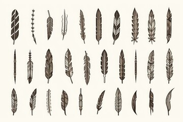 A collection of various types of feathers arranged on a plain white background. This versatile image can be used for various creative projects or to add a touch of nature to designs. - obrazy, fototapety, plakaty