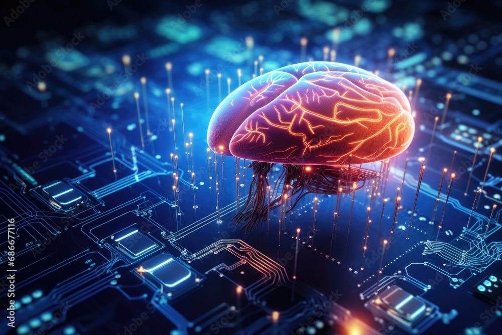 Poster a computer circuit with a brain on top. this image can be used to represent artificial intelligence,