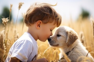 A heartwarming picture of a little boy affectionately kissing a cute puppy in a beautiful field. 
