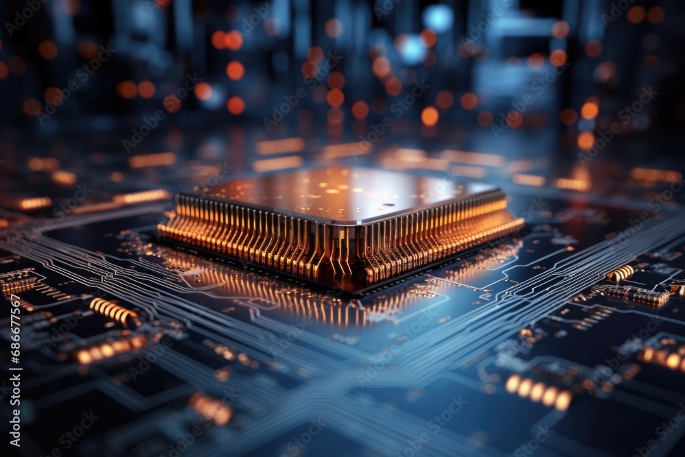 Poster a detailed close up view of a computer chip on a circuit board. this image can be used to illustrate