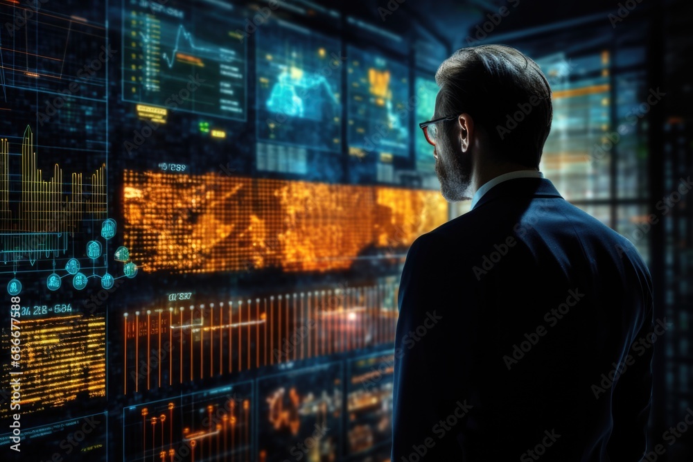 Poster a man stands in front of a wall of data. this image can be used to represent concepts such as techno