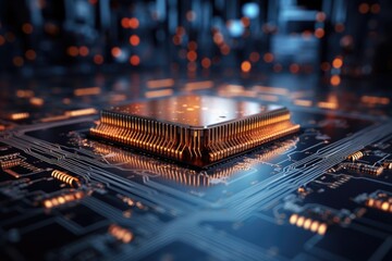A detailed close up view of a computer chip on a circuit board. This image can be used to illustrate technology, electronics, or computer-related concepts.