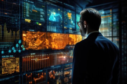 A man stands in front of a wall of data. This image can be used to represent concepts such as technology, big data, information overload, cybersecurity, or data analysis.