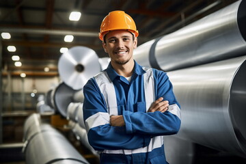 worker man portrait in galvanized steel factory
