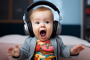 screaming baby listening music with headphones isolated
