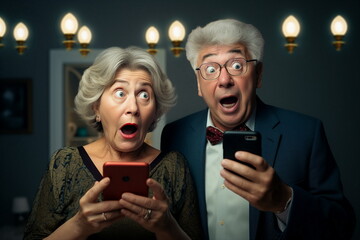 surprised senior couple using mobile phone