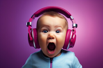 screaming baby listening music with headphones