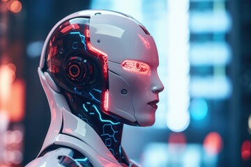 A detailed close-up view of a robot's head featuring red and blue lights. This image can be used to depict futuristic technology, artificial intelligence, or robotics in various contexts.