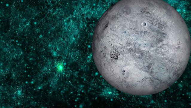 Realistic Eris fictional planet with rotating on star view of galaxy