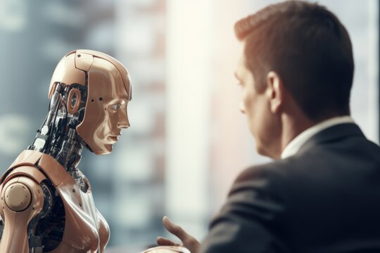 A man in a suit having a conversation with a robot. This image can be used to depict advancements in technology and the interaction between humans and artificial intelligence.