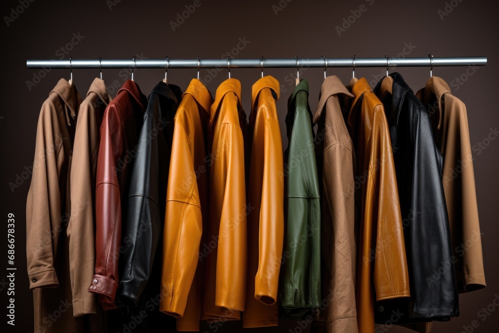 Sticker a row of leather jackets hanging on a rail. perfect for fashion or retail industry advertisements.