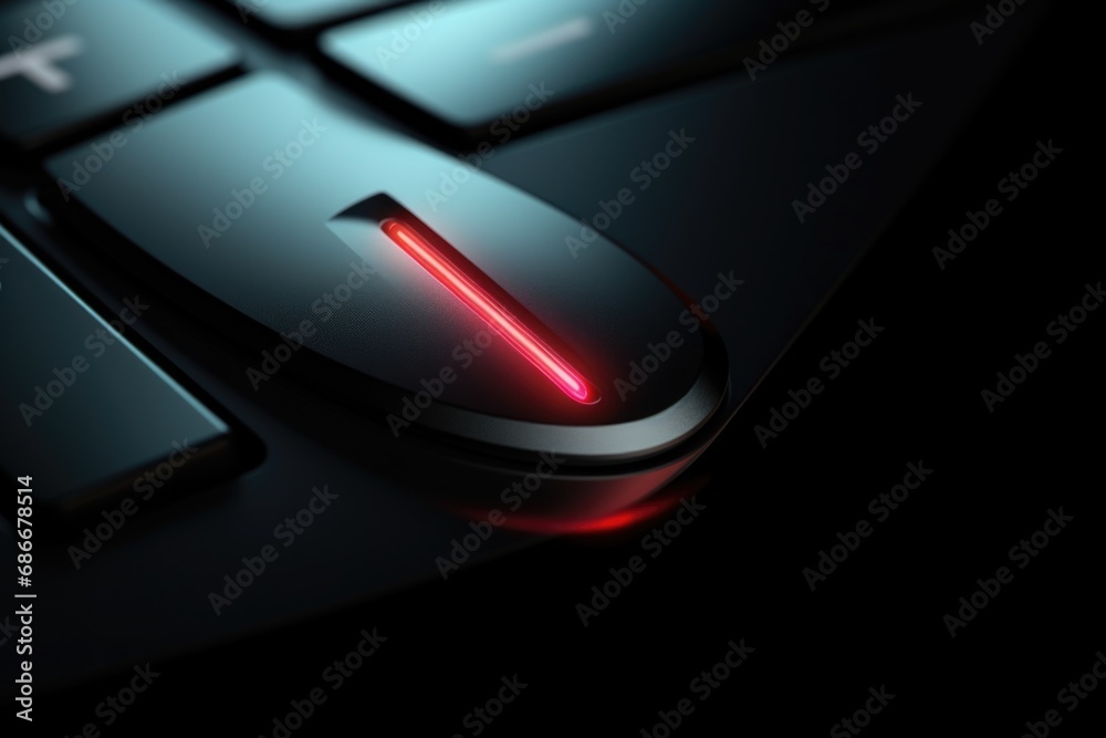 Poster a close-up view of a keyboard with a red light. this image can be used to depict technology, compute
