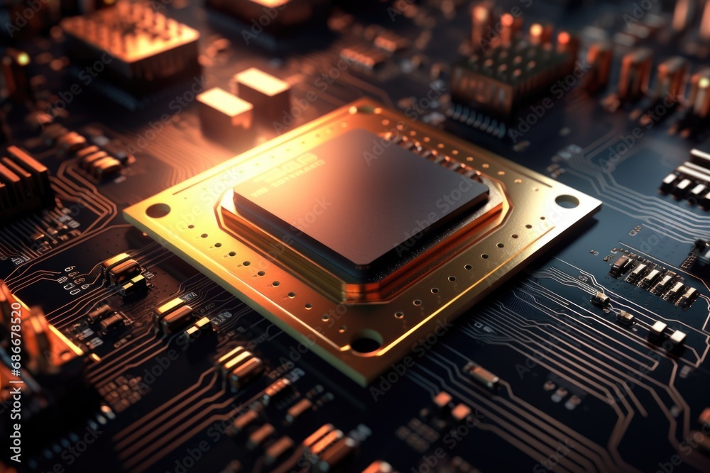 Poster a detailed close-up view of a computer chip on a motherboard. this image can be used to depict techn