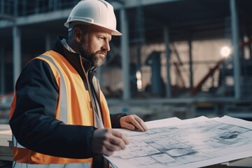 A man wearing a hard hat holds a blueprint in his hands. This image can be used to represent construction, engineering, or architectural projects. - obrazy, fototapety, plakaty