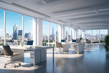 A spacious open office with a breathtaking view of the city. 