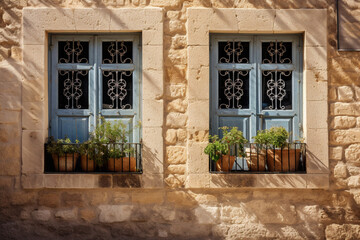Fototapeta na wymiar Old fashioned wooden window with bars on stone wall