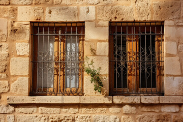 Old fashioned wooden window with bars on stone wall - Powered by Adobe