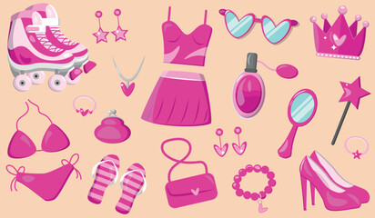Pink set of clothes and accessories for girls, isolated objects