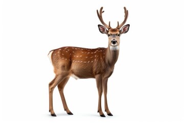 A deer with antlers standing in front of a white background. This image can be used for various purposes.