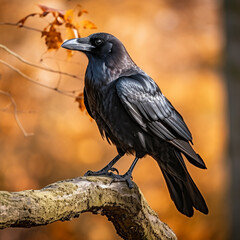 Black raven on tree blurred background closeup, ai technology
