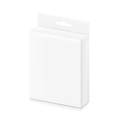 White package box with hang slot mockup for electronic and mobile accessories, medicame. Half side view. Vector illustration isolated on white background. Ready and simple to use for your design.EPS10