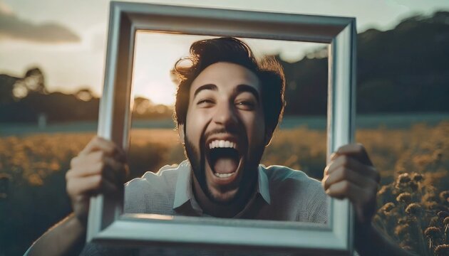 Man holds a picture frame in front of his face and screams through it, mouth open, depression