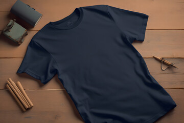 t shirt mockup navy color on wooden table flatlay ai generated art