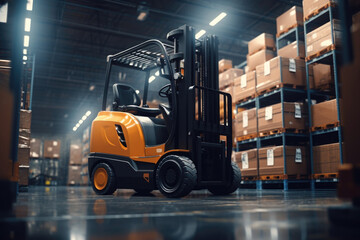 A parked forklift truck in a warehouse. Suitable for industrial and logistics concepts.