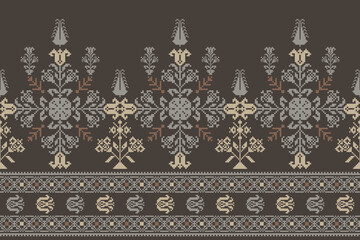 Abstract ethnic pixel border pattern flower. Aztec fabric boho mandalas India sari border design textile wallpaper. Tribal native motif African American saree borders Saree embroidery vector 