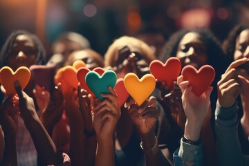 A group of people holding up colorful hearts. Perfect for expressing love and unity. Ideal for Valentine's Day, pride events, or any occasion celebrating love - obrazy, fototapety, plakaty