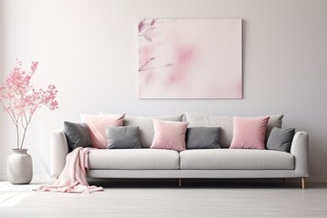 A cozy living room featuring a white couch adorned with pink pillows. Perfect for home decor or interior design projects
