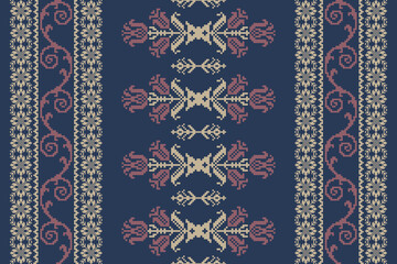 Abstract ethnic pixel border pattern flower. Aztec fabric boho mandalas India sari border design textile wallpaper. Tribal native motif African American saree borders Saree embroidery vector 