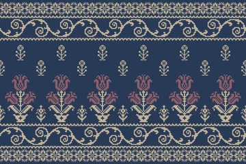 Cercles muraux Style bohème Abstract ethnic pixel border pattern flower. Aztec fabric boho mandalas India sari border design textile wallpaper. Tribal native motif African American saree borders Saree embroidery vector 