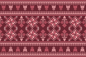 Abstract ethnic pixel border pattern flower. Aztec fabric boho mandalas India sari border design textile wallpaper. Tribal native motif African American saree borders Saree embroidery vector 