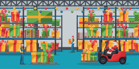 Industrial warehouse with pallet racks with gift boxes. Santa Claus driving a red forklift. Christmas campaign for cargo logistics and shipping of high demand merchandise for the Christmas season