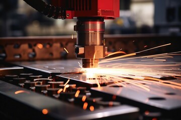A close-up view of a machine cutting metal, producing sparks. This image can be used to depict industrial processes, manufacturing, or metalworking