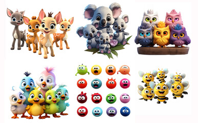Watercolor 3d animated sprite sheet of cartoon characters set on a white background.  