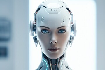 A close-up view of a robot wearing headphones. 