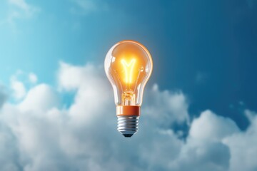 A light bulb is floating in the air against a backdrop of clouds. This image can be used to represent creativity, innovation, and bright ideas - Powered by Adobe
