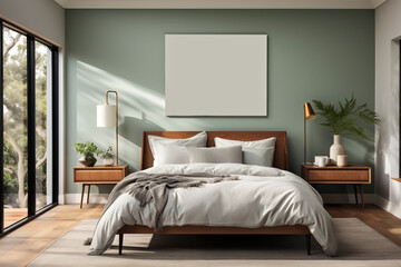 Interior of bedroom with green walls, wooden floor, comfortable king size bed and poster mockup.