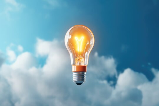A light bulb is floating in the air against a backdrop of clouds. This image can be used to represent creativity, innovation, and bright ideas