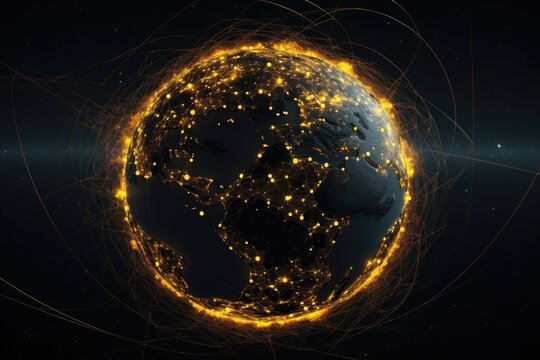 A digital image of the earth at night. Can be used to depict global connectivity, city lights, energy consumption, or environmental concerns