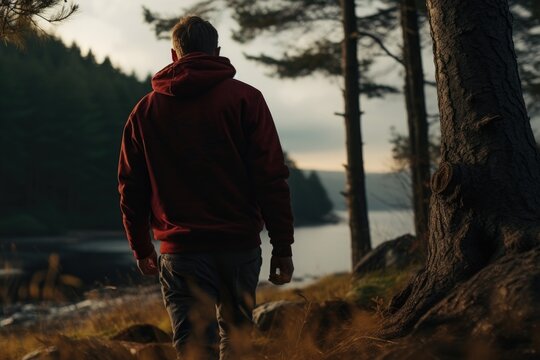 A man wearing a red hoodie is walking through a forest. This image can be used to depict outdoor activities, exploration, nature, or solitude