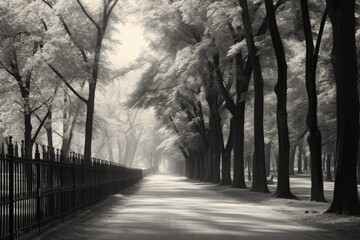 Obraz premium Alley road in the park, fence and tall trees