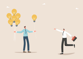 Leadership in creating brilliant ideas to grow business or overcome challenges, intelligence or creativity to achieve goals, mentoring for innovation, the leader gives the employee a light bulb ballon