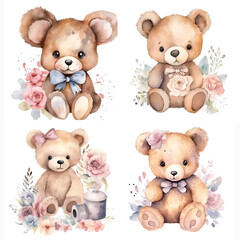 Watercolor teddy bears clipart set isolated on a white background. clipart for crafts, cards, invitations, art projects
