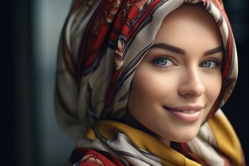 A woman is pictured wearing a headscarf and a scarf. This image can be used to represent religious or cultural diversity, fashion, or winter accessories - obrazy, fototapety, plakaty