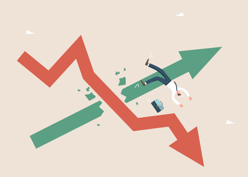 Financial difficulties, decrease in value of business or company shares, stock market crash, economic crisis, business failure and loss of cash, lose investments, falling arrow destroys rising arrow.