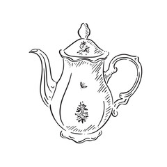 A vintage teapot illustration using a sketchy style. Hand drawn line art featuring an intricate and decorative old-style teapot.
