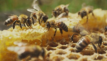 Many bees dig around on honeycombs in which there is honey